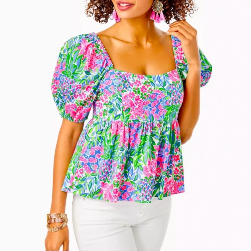 Lilly Pulitzer- KAY FLORAL PUFF-SLEEVE TOP - IN MULTI A CHERRY ON TOP